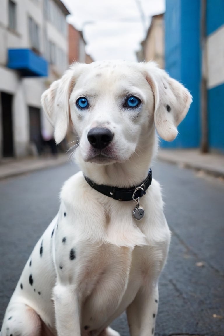 a white dalmatian with blue eyes, street background