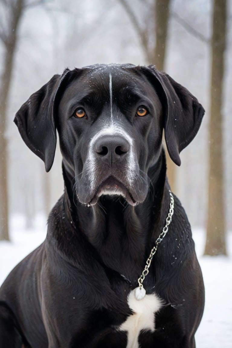 A black Great Dane  in winter. 