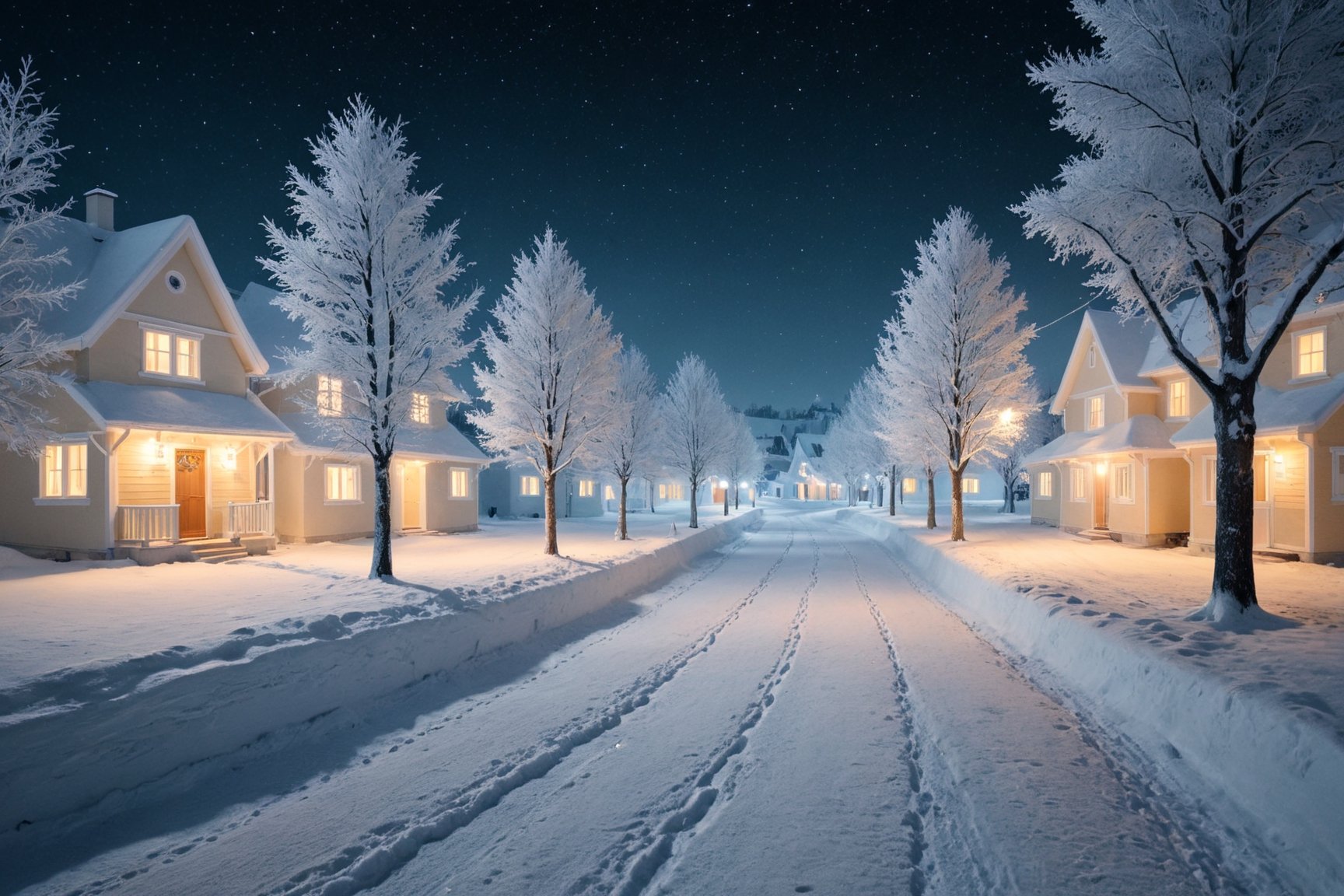 path of a winter night, among the lights reflect the houses that illuminate the city, making it a splendid and wonderful place, realistic with lights and shadows, high quality cinematographic scenography, breathtaking scene of a great masterpiece, crazy 8k graphics, everything is detailed