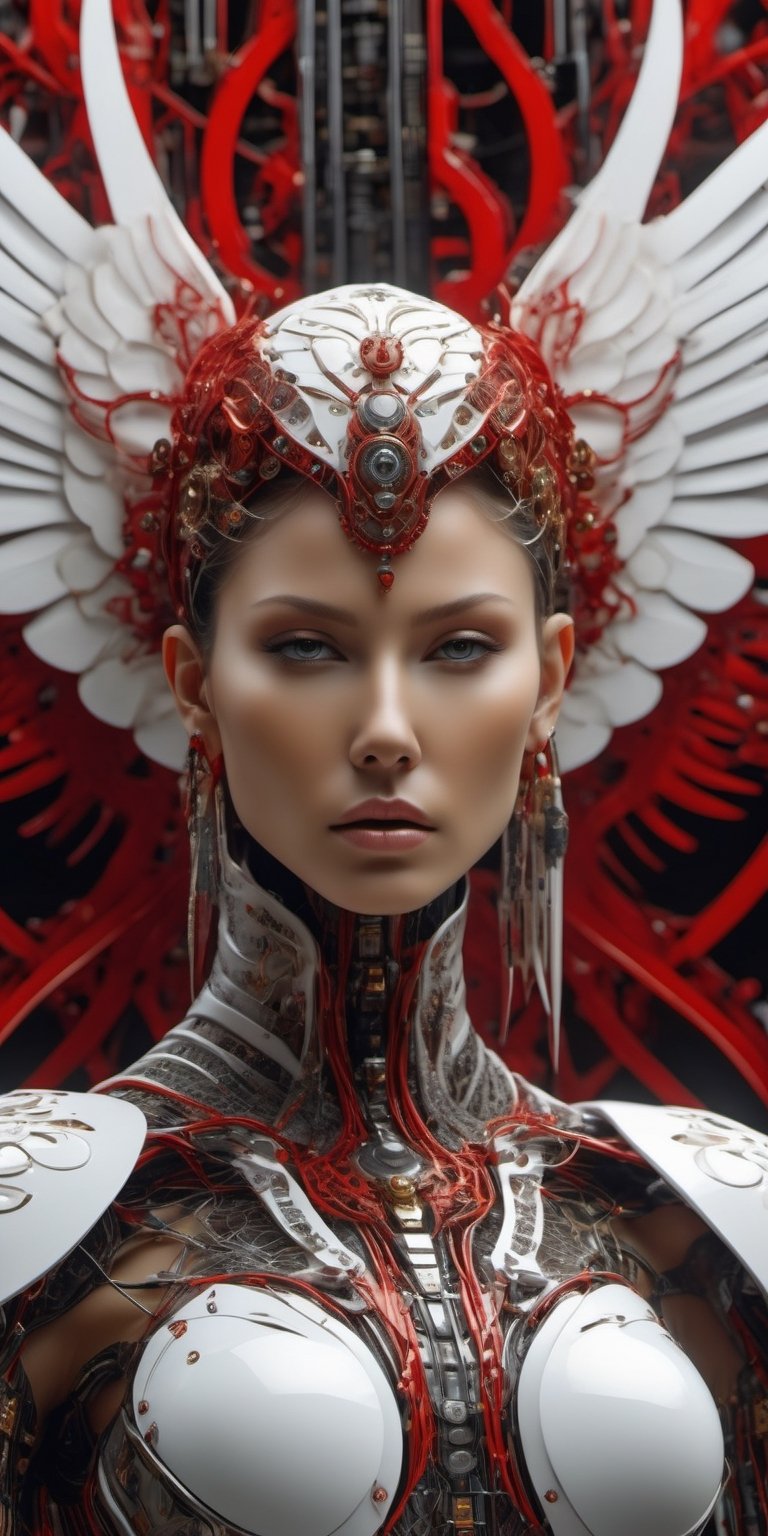 Ultra detailed complex 3d rendering of a beautiful Angel of Death, biomechanical cyborg,, 150mm lens, beautiful soft natural light, large leaves and stems, roots, fine foliage lace, colorful details, samourai, Boris Bidjan Saberi outfit, earring pearl, piercing, art nouveau embroidery, intricate details, wire mesh, mandelbrot fractal, anatomical, facial muscles, cable wires, microchip, badass, hyper realistic, ultra detailed, octane rendering, volumetric lighting, 8k post production , red and white with a bit of black, detailed metallic bones, demi-humans, iridescent colors, Glenn Brown style, white room, power of god, high angle shot, complex body poses