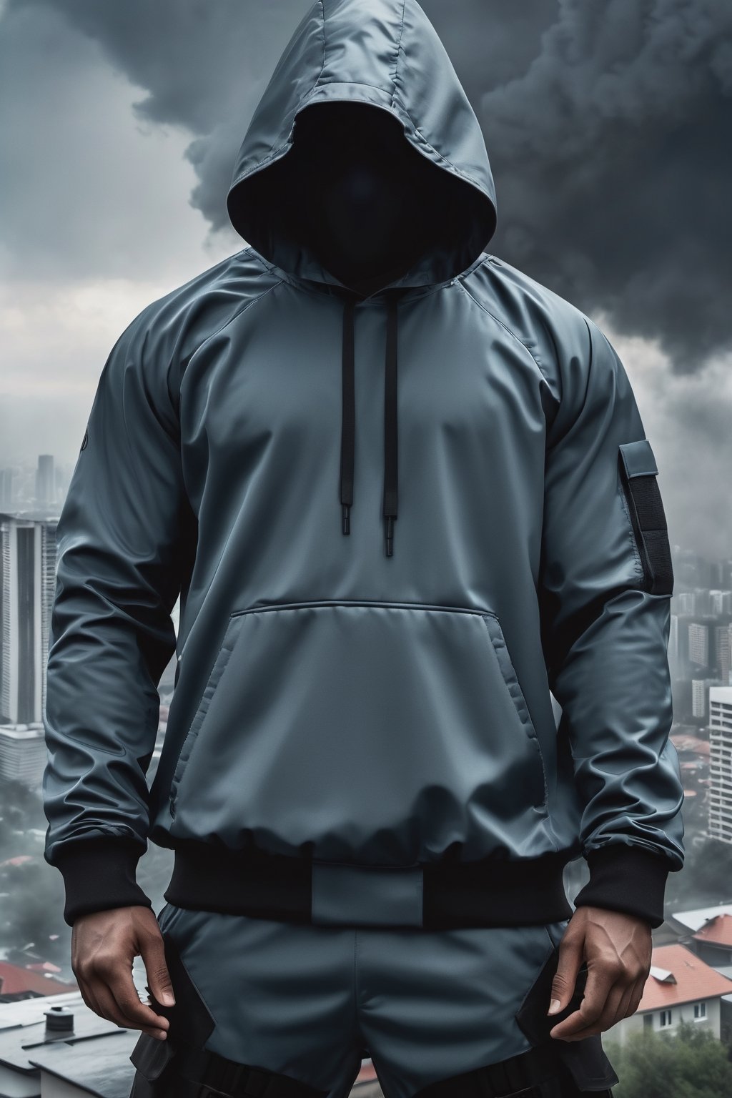 armed man, sports suit with hood, obscured face, stormy sky, city, photorealistic, thriller theme, smoke, high resolution photo, 4k, full detailed