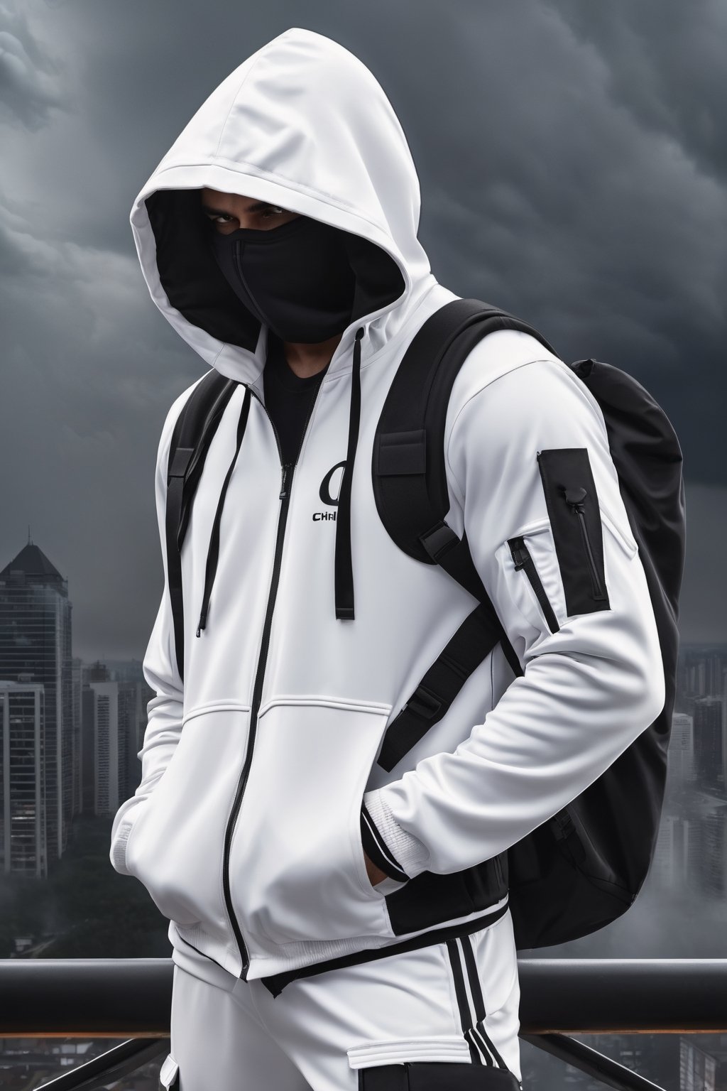 armed man, sports suit with hood, obscured face, stormy sky, city, photorealistic, thriller theme, smoke, high resolution photo, 4k, full detailed, Portrait, realistic, chloting white