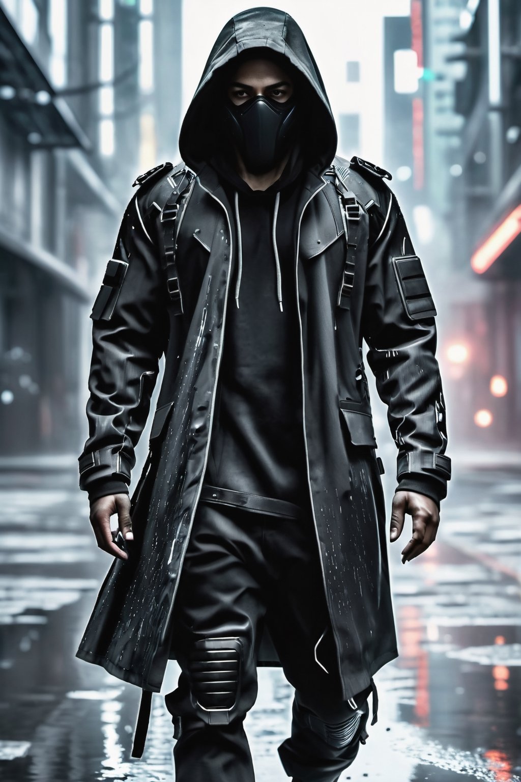 hooded man with obscured face in cyberpunk suit walking in an apocalyptic city, with gas and smoke leaks, stormy sky rain and wet streets with reflections in puddles of water, realistic shadows, all very detailed, high resolution, 4k, photo realistic with reflections and points of light, matrix style, chloting black and White 