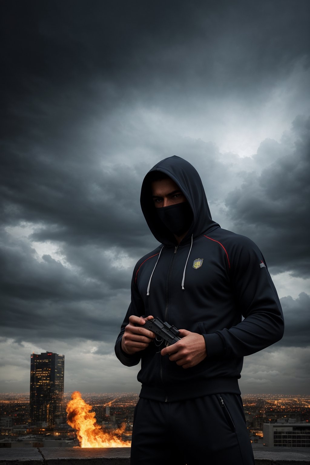 armed man, sports suit with hood, obscured face, stormy sky, city, photorealistic, thriller theme, smoke, high resolution photo, 4k, full detailed