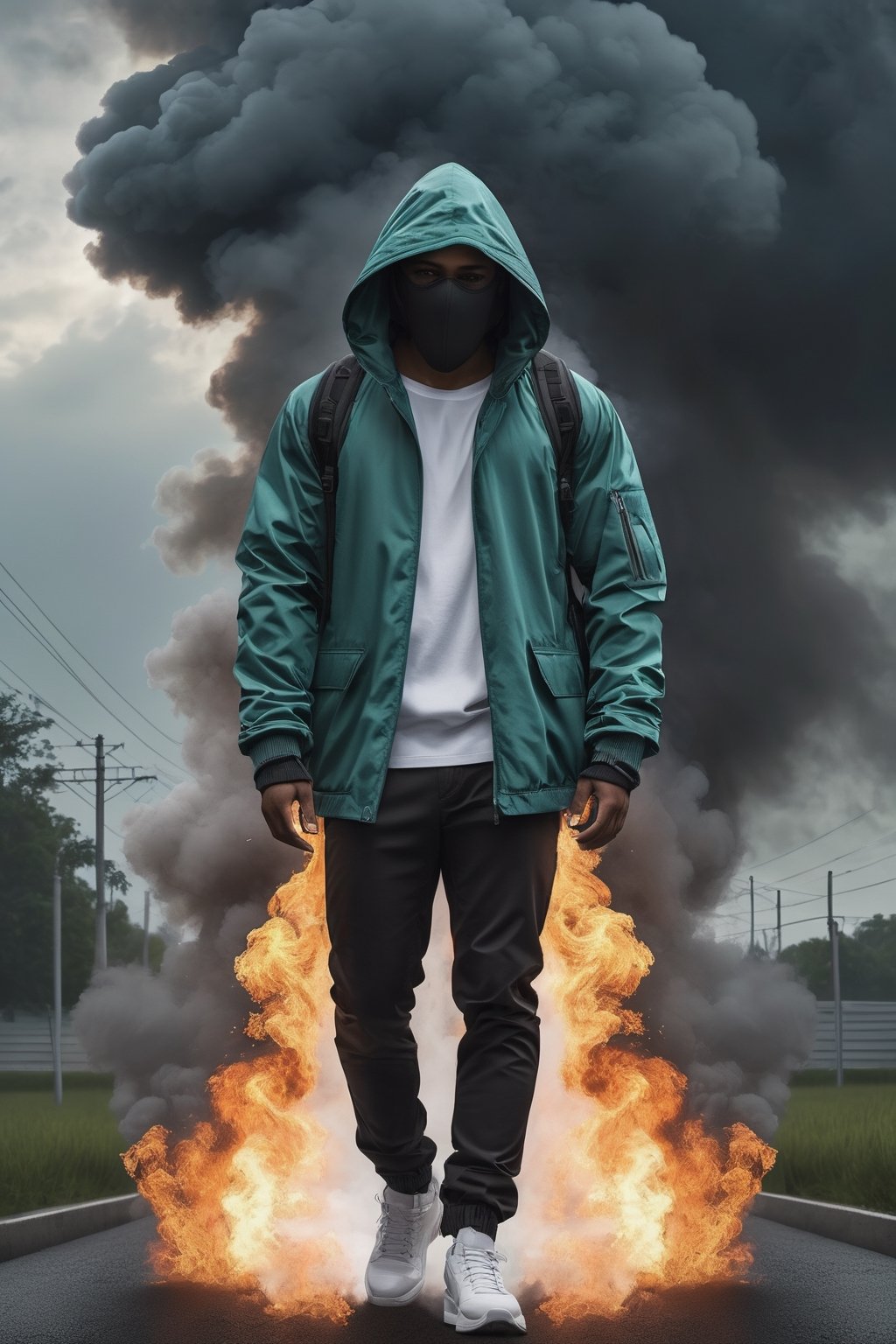 man with hood, mixed pose, modern clothes, modern suit, face obscured or with mask, with accessories, backpack,, stormy sky, photorealistic, thriller theme, smoke, high resolution photo, 4k, full detailed, Portrait, realistic, chloting colorfull, Matrix background 