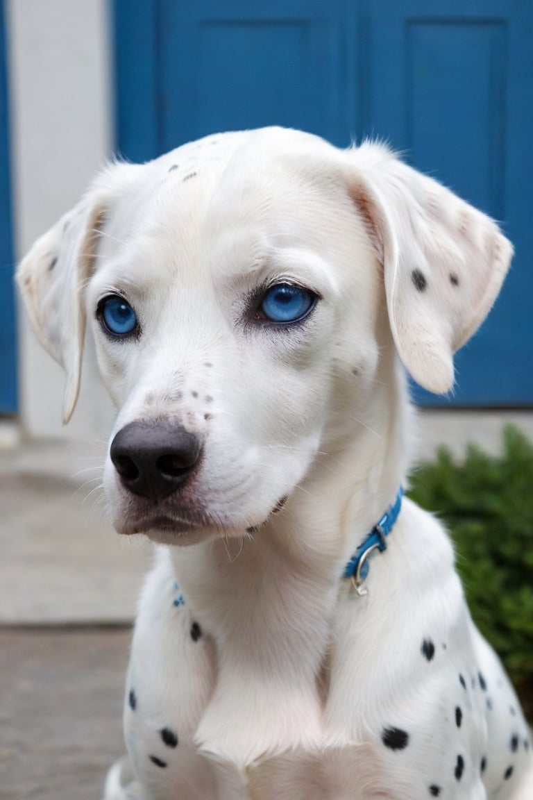 a white dalmatian with blue eyes, house background