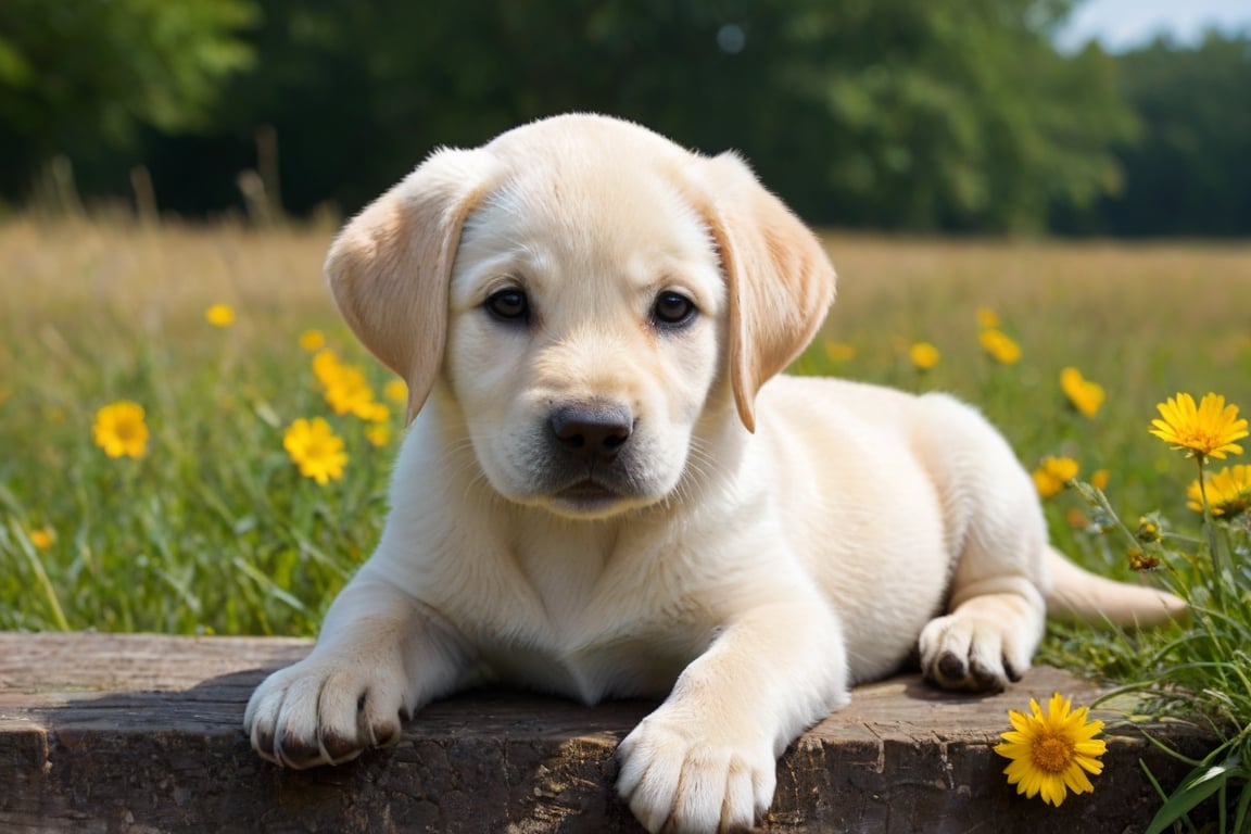 labrador retriever puppy lying on a beautiful summer day