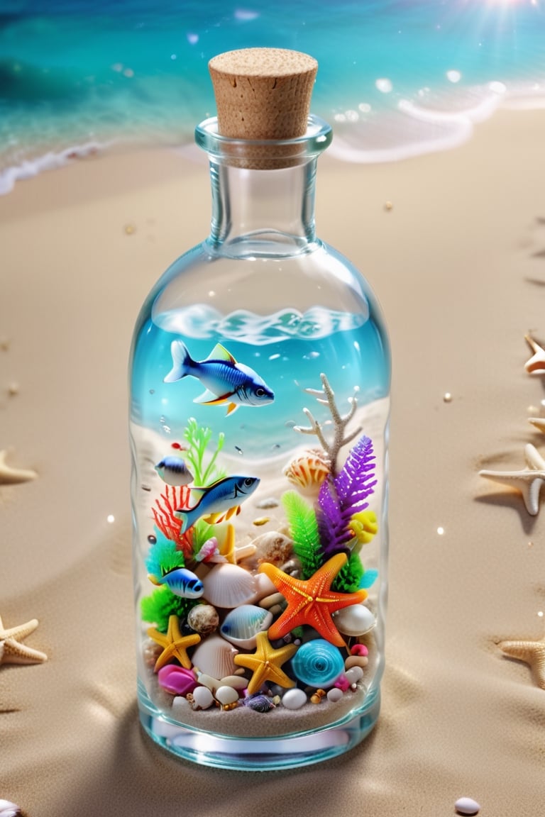 ultra detailed translucent clear glass bottle, with neon fish inside, on an exotic beach, ultra realistic and detailed sand and sea, with shells and starfish, neon glow, light particles, colorful, CMYK colors, backlight, results for a cinematographic advertisement, a work of realistic beauty with plays of light, shadows and sun reflections, to make the work a true 8k ultra hdr masterpiece,