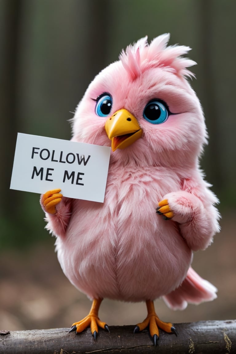 a furry, cute and soft mupped pink bird holding a sign that says "follow me"