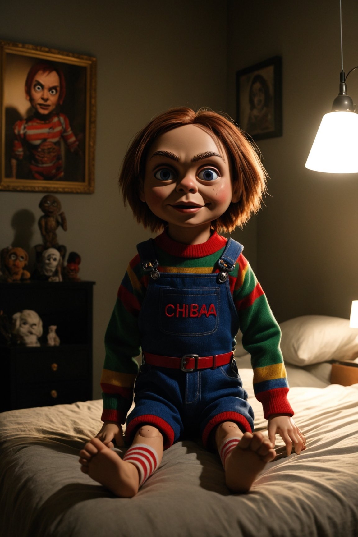 realistic puppet from the film Child's Play, in the Dolce & Gabbana modern style horror bedroom, modern year 2030 furnishings, realistic environment with solar reflections and shadows, very high quality cinematographic scenography, breathtaking scene of a great masterpiece, crazy 8k graphics, everything wonderful and detailed photorealistic, kitakoumae