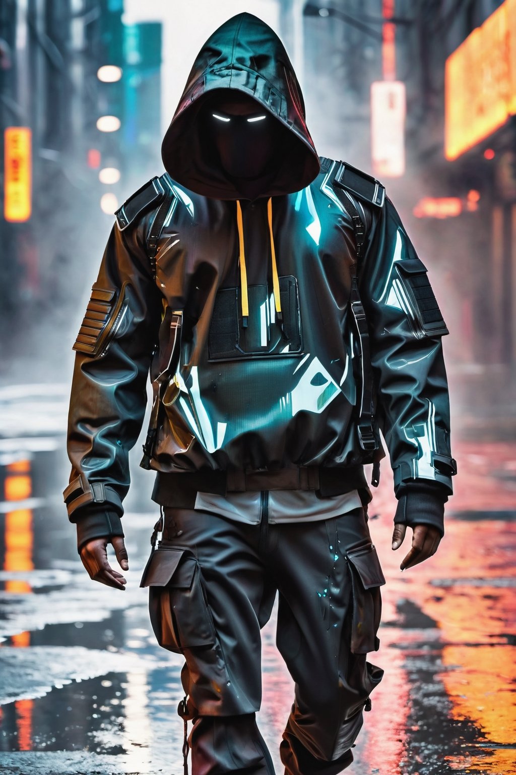 hooded man with obscured face, colorful cyberpunk suit of the future, walking in an apocalyptic city, with gas and smoke leaks, reddish and cloudy sky with flares, bad day with wind and rain, wet streets with reflections in puddles of water, realistic shadows, all very detailed, high resolution, 4k, realistic photo with reflections and points of light, matrix style, clots of black and white