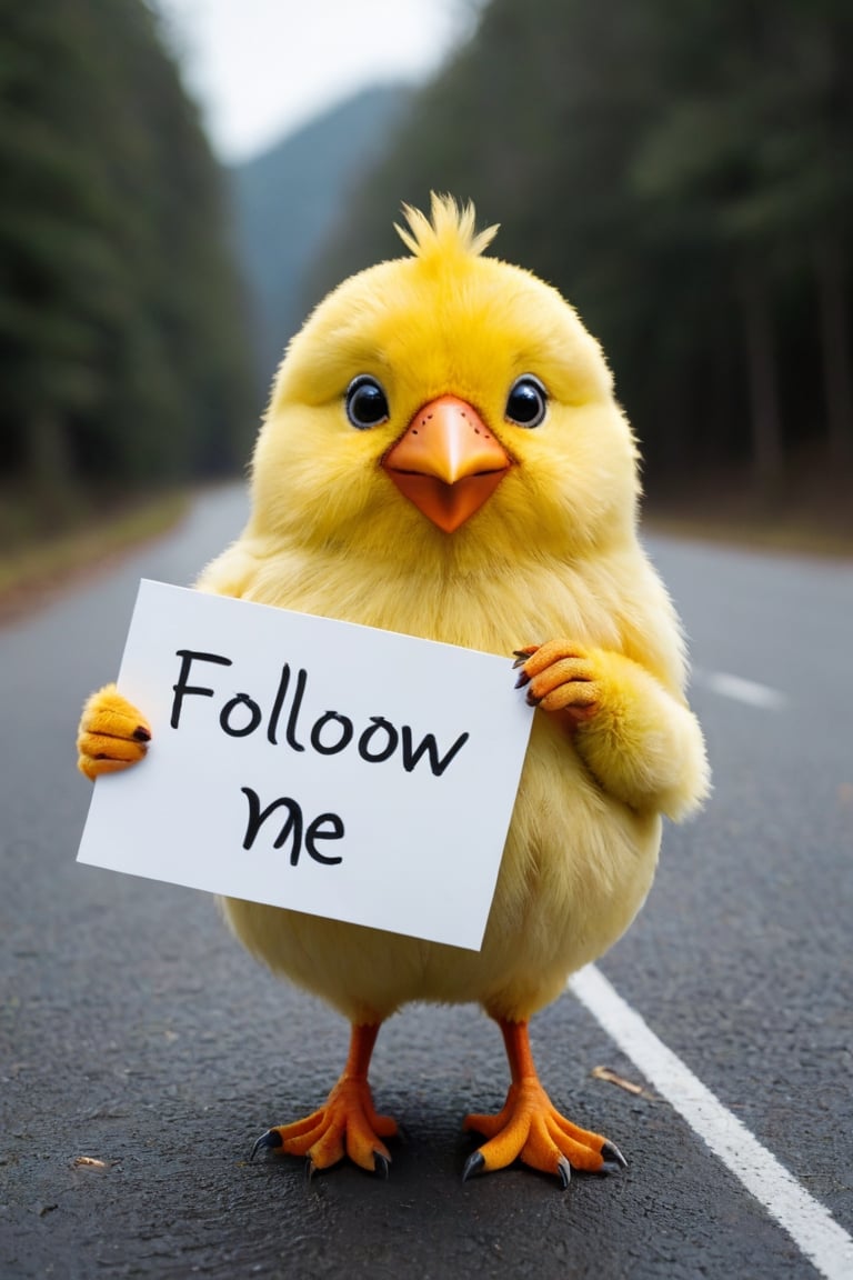 a furry, cute and soft mupped yellow bird holding a sign that says "follow me plese"