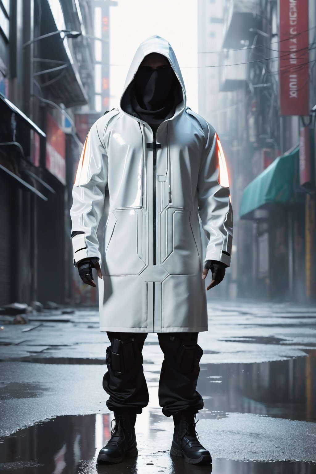 hooded man with obscured face, chloting White, cyberpunk suit of the future, walking in an apocalyptic city, with gas and smoke leaks, reddish and cloudy sky with flares, bad day with wind and rain, wet streets with reflections in puddles of water, realistic shadows, all very detailed, high resolution, 4k, realistic photo with reflections and points of light, matrix style, clots of  white, dress in high definition paying attention to details with reflections and shadows