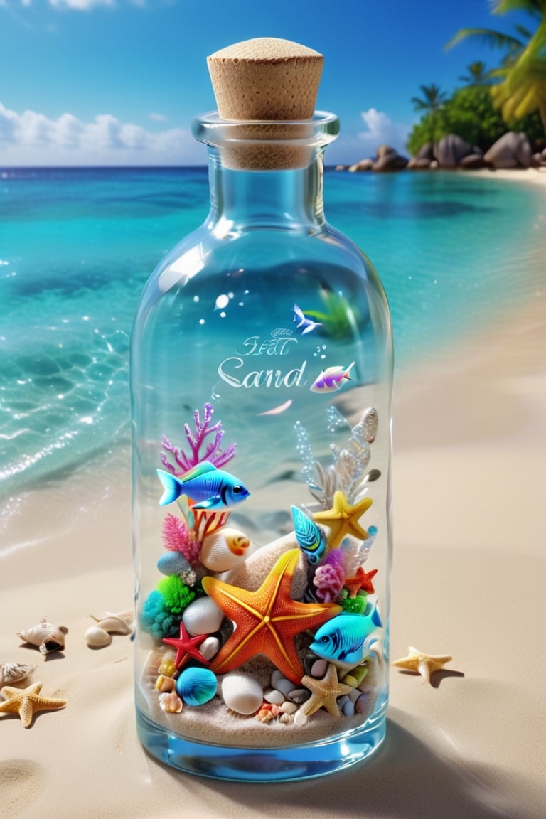 ultra detailed translucent clear glass bottle, with neon fish inside, on an exotic beach, ultra realistic and detailed sand and sea, with shells and starfish, neon glow, light particles, colorful, CMYK colors, backlight, results for a cinematographic advertisement, a work of realistic beauty with plays of light, shadows and sun reflections, to make the work a true 8k ultra hdr masterpiece,