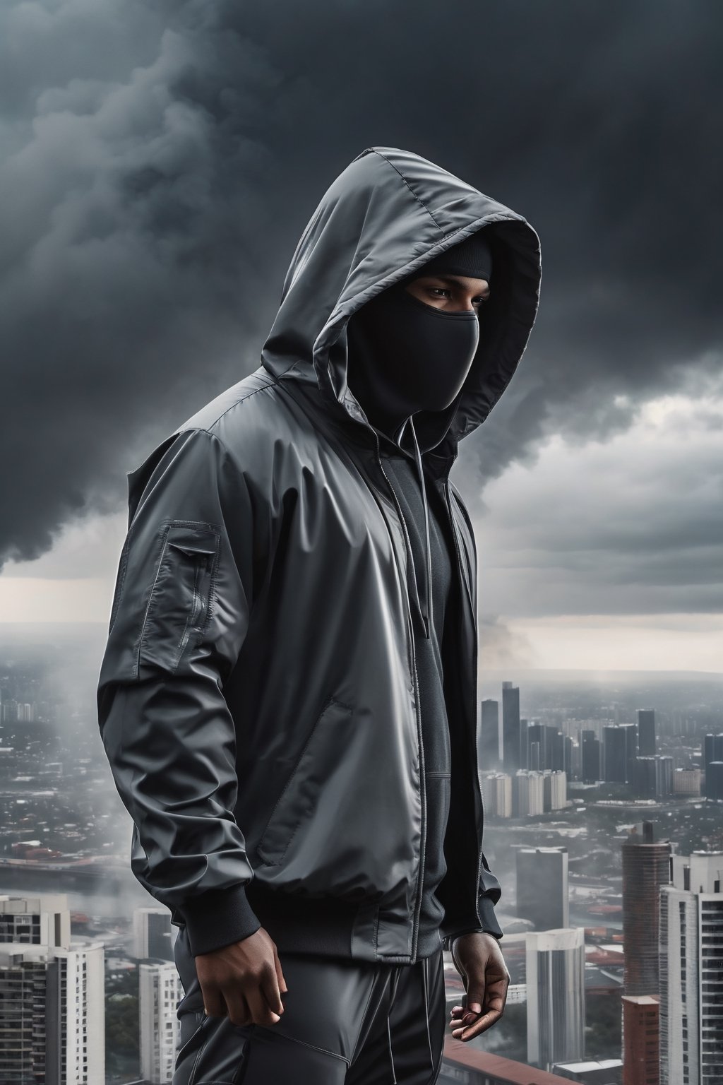 armed man, sports suit with hood, obscured face, stormy sky, city, photorealistic, thriller theme, smoke, high resolution photo, 4k, full detailed