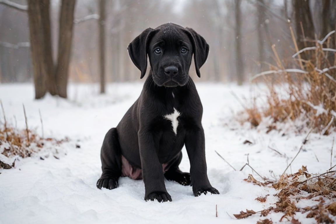 A black Great Dane puppy in winter. 