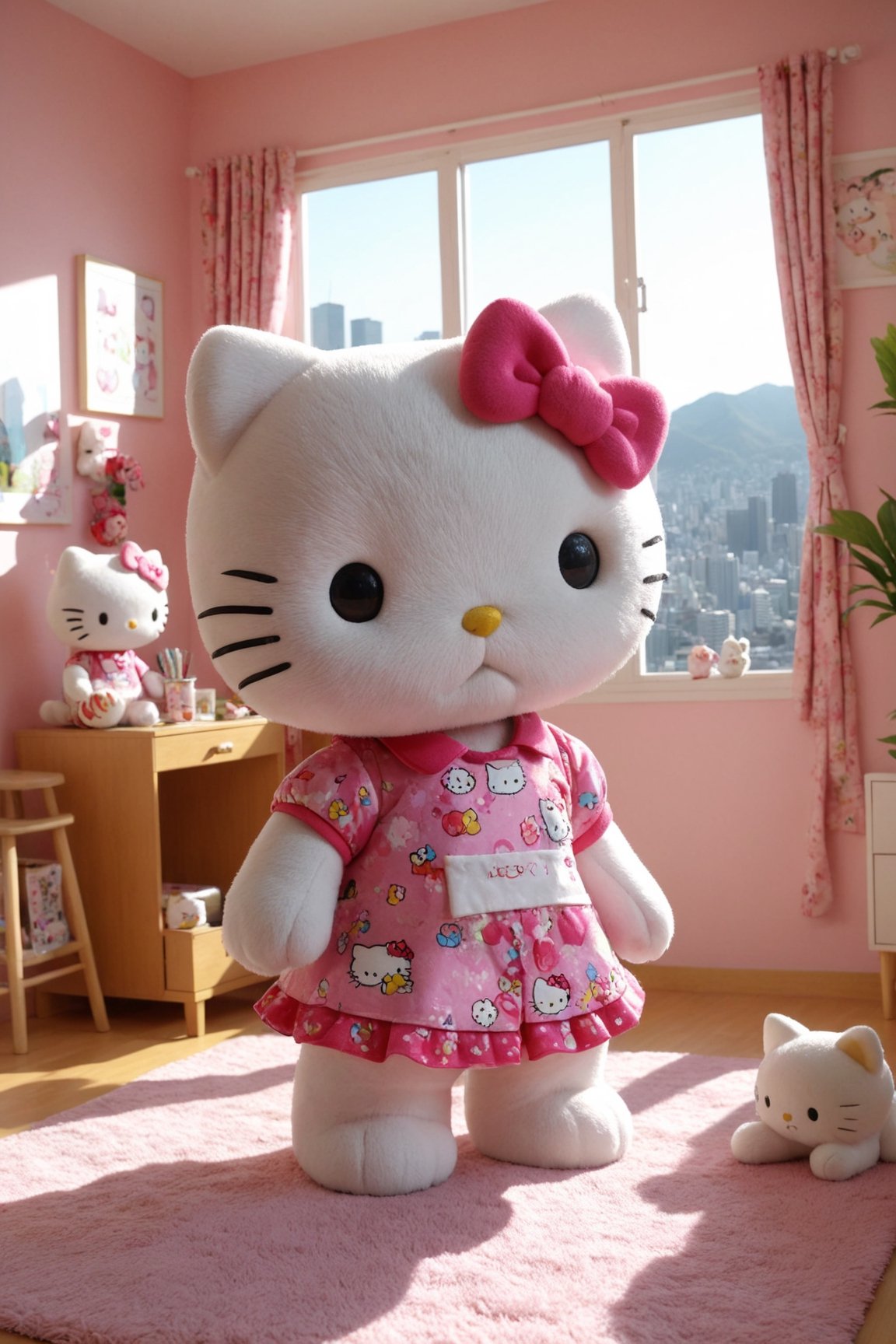 funny dressed puppy hello kitty, colorful apartment with many games, realistic environment with solar reflections and shadows, very high quality cinematographic scenography, breathtaking scene of a great masterpiece, crazy 8k graphics, everything wonderful and detailed photorealistic, kitakoumae