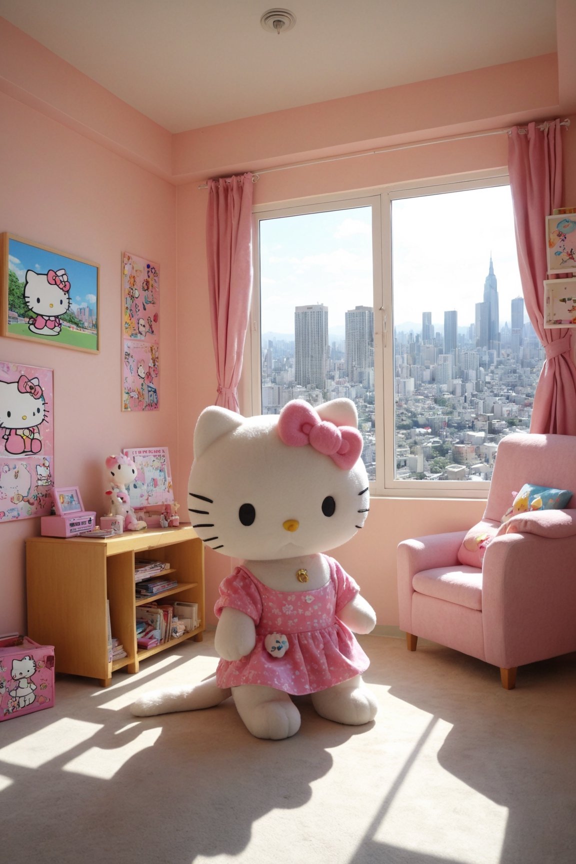 funny dressed puppy hello kitty, colorful apartment with many games, realistic environment with solar reflections and shadows, very high quality cinematographic scenography, breathtaking scene of a great masterpiece, crazy 8k graphics, everything wonderful and detailed photorealistic, kitakoumae