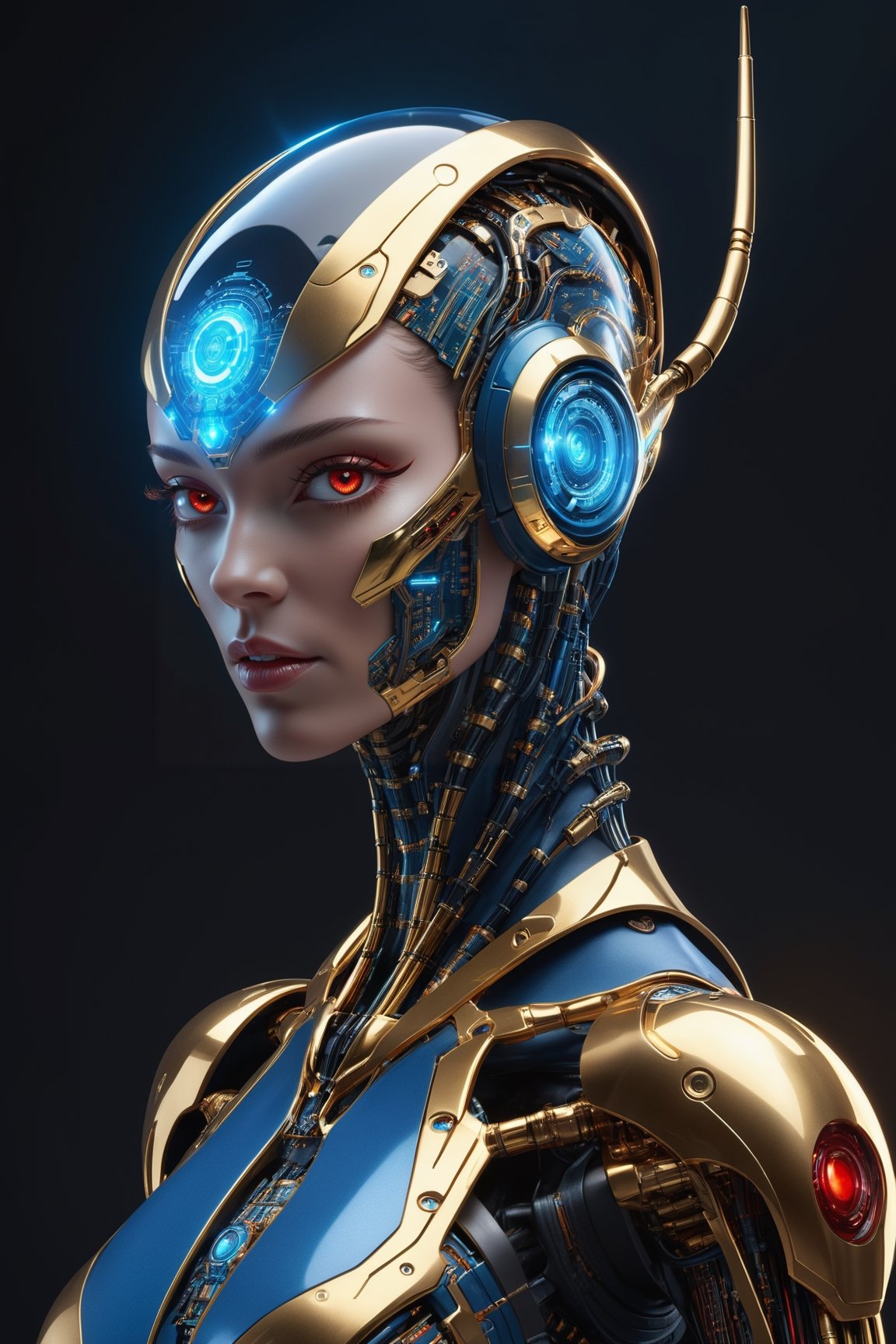 alien humanoid, artwork of a futuristic artificial intelligence superstar with frames made of detailed circuits. marvel studios concept art. artstation HQ. creative character blue/glass gold design for cyberpunk, red fiery eyes, intricate, elegant, 8k, highly detailed, digital painting, concept art, smooth, sharp focus, league of legends concept art