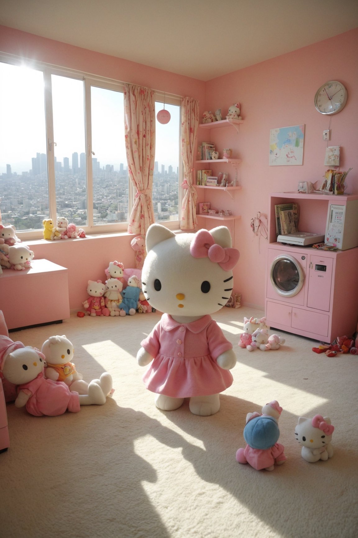 funny dressed puppy hello kitty, colorful apartment with many games, realistic environment with solar reflections and shadows, very high quality cinematographic scenography, breathtaking scene of a great masterpiece, crazy 8k graphics, everything wonderful and detailed photorealistic, kitakoumae