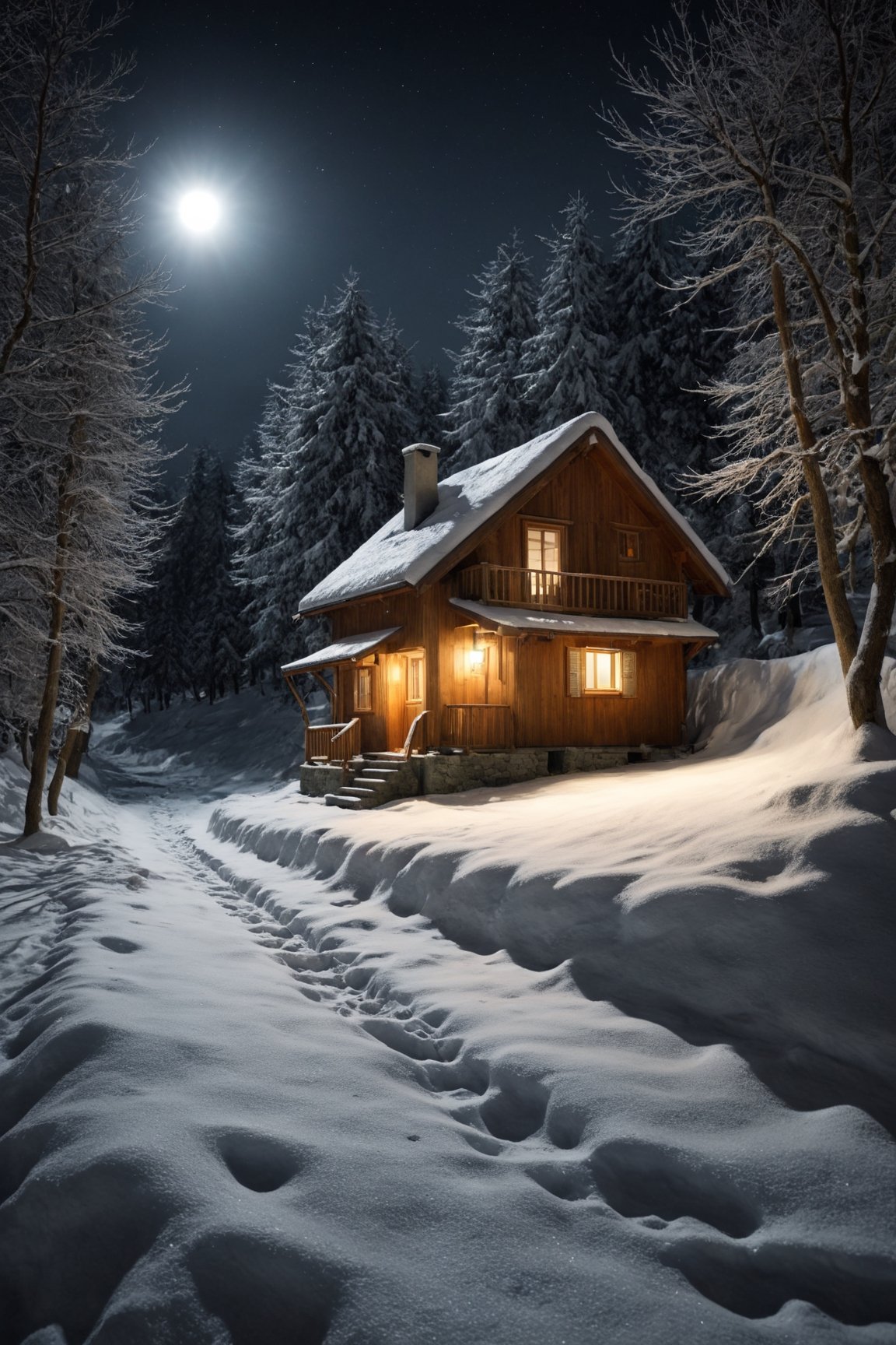 natural scenery, little house illuminated on a winter night, realistic environment with solar reflections and shadows, very high quality cinematographic scenography, breathtaking scene of a great masterpiece, crazy 8k graphics, everything wonderful and detailed photorealistic, kitakoumae