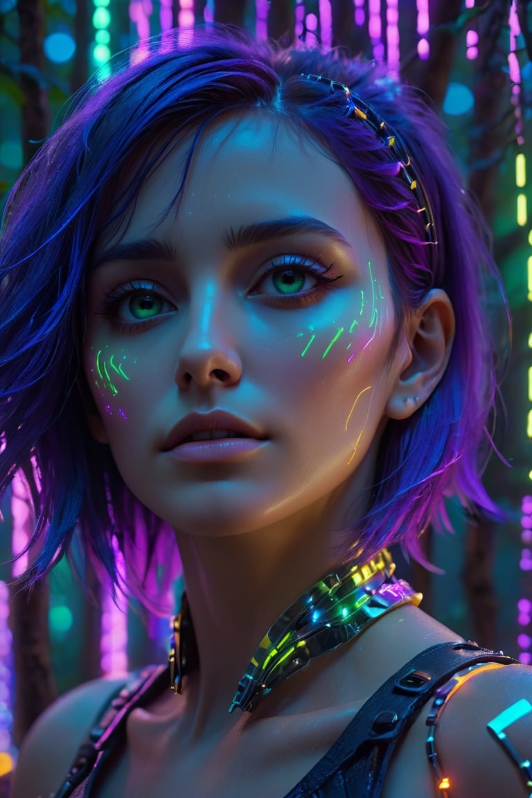 close up portrait, lucid dream-like woman, off-centered, looking off in distance  style | daydreampunk, beautiful, she is dripping in neon lights, colorful, bioluminescent, glowing  background | forest, vivid neon wonderland, particles, blue, green, purple parameters | golden ratio, hyper- maximalist, octane render, photorealism, cinematic realism, unreal engine, 8k, assymetric composition