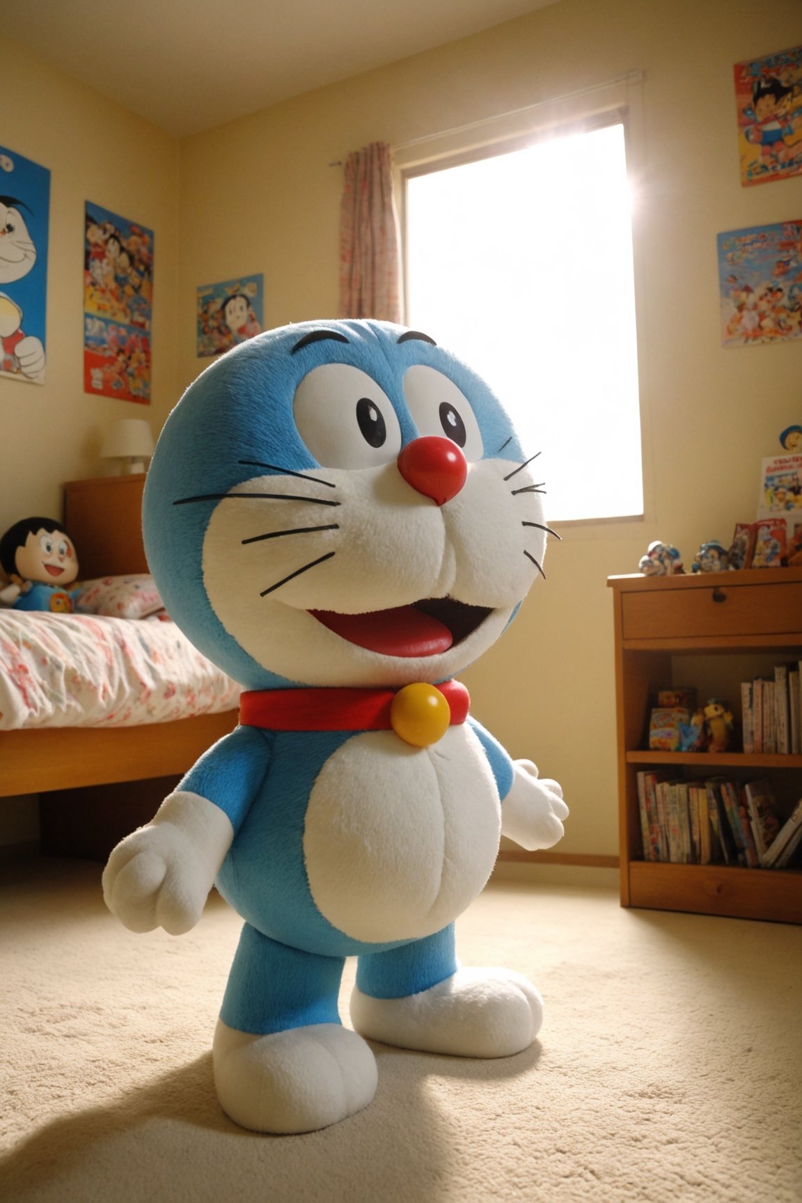 Doraemon puppet plays in his colorful bedroom with lots of games, realistic environment with solar reflections and shadows, very high quality cinematographic scenography, breathtaking scene of a great masterpiece, crazy 8k graphics, everything wonderful and photorealistic detailed, kitakoumae