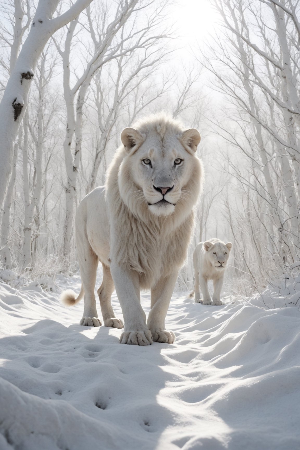 natural scenery, white lion in winter, while hunting, wild forest, realistic environment with sun reflections and shadows, very high quality cinematographic scenography, breathtaking scene of a great masterpiece, crazy 8k graphics, everything wonderful and detailed photorealistic, kitakoumae