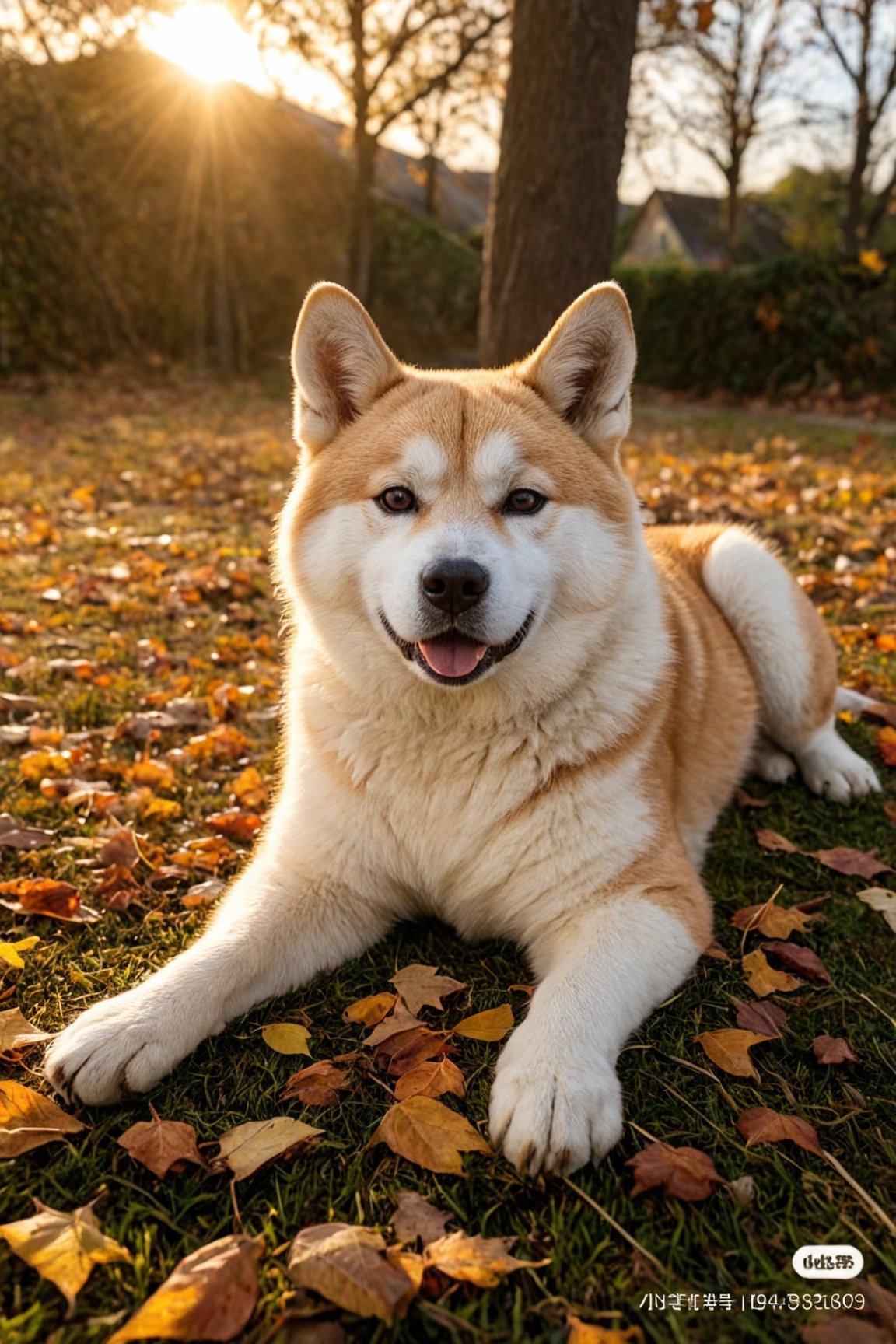 An Akita Inu, lying down, funny pose, in autumn, realistic environment with lights and shadows, all very detailed and high quality, cover photographic masterpiece, cat, lying on the ground