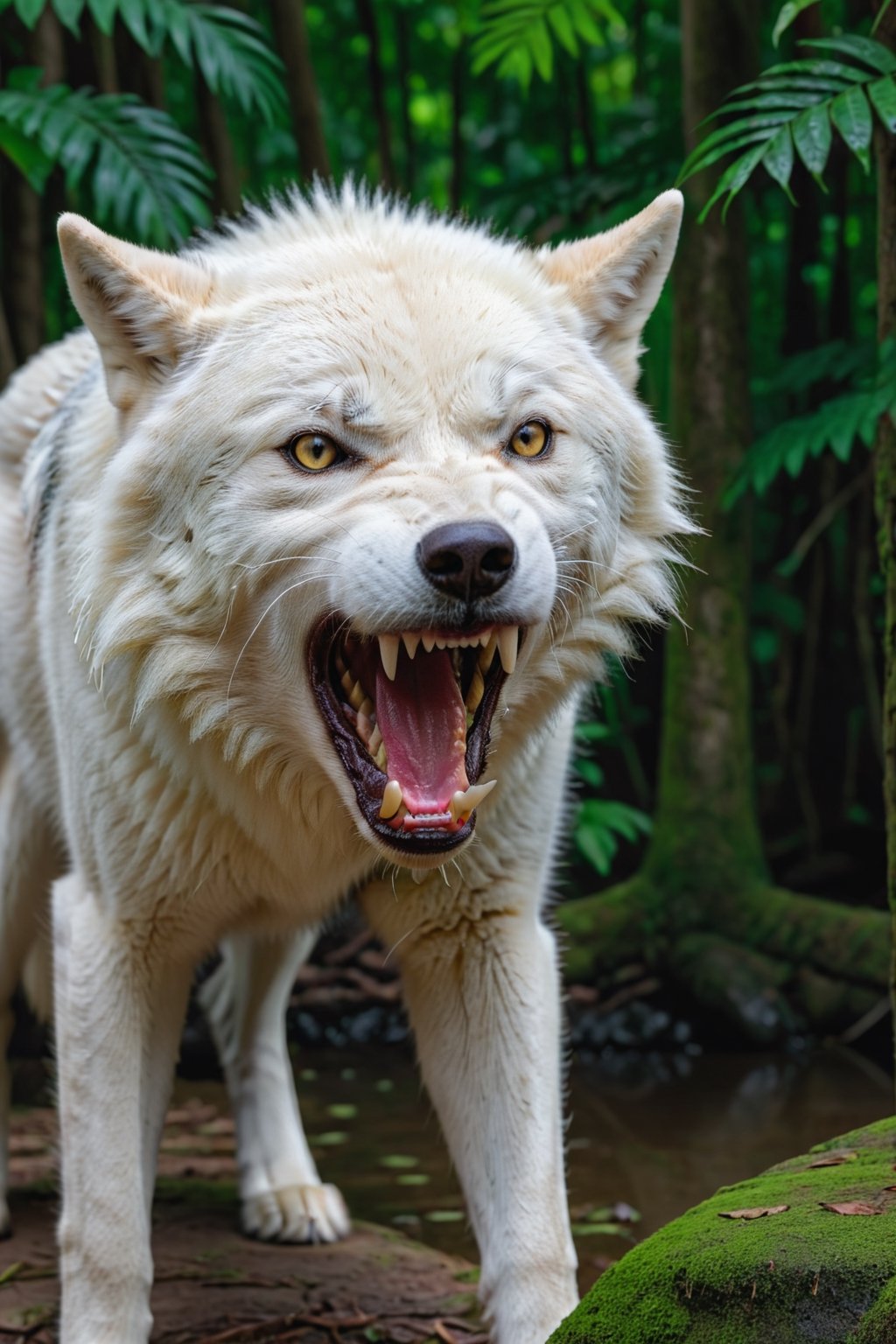 White wolf, realistic fangs, color, Amazon forest realistic environment, with reflections of light and shadow, very high quality cinematographic scenography, breathtaking scene, 8k, very detailed, Extremely realistic, Realistic and detailed fangs and canines