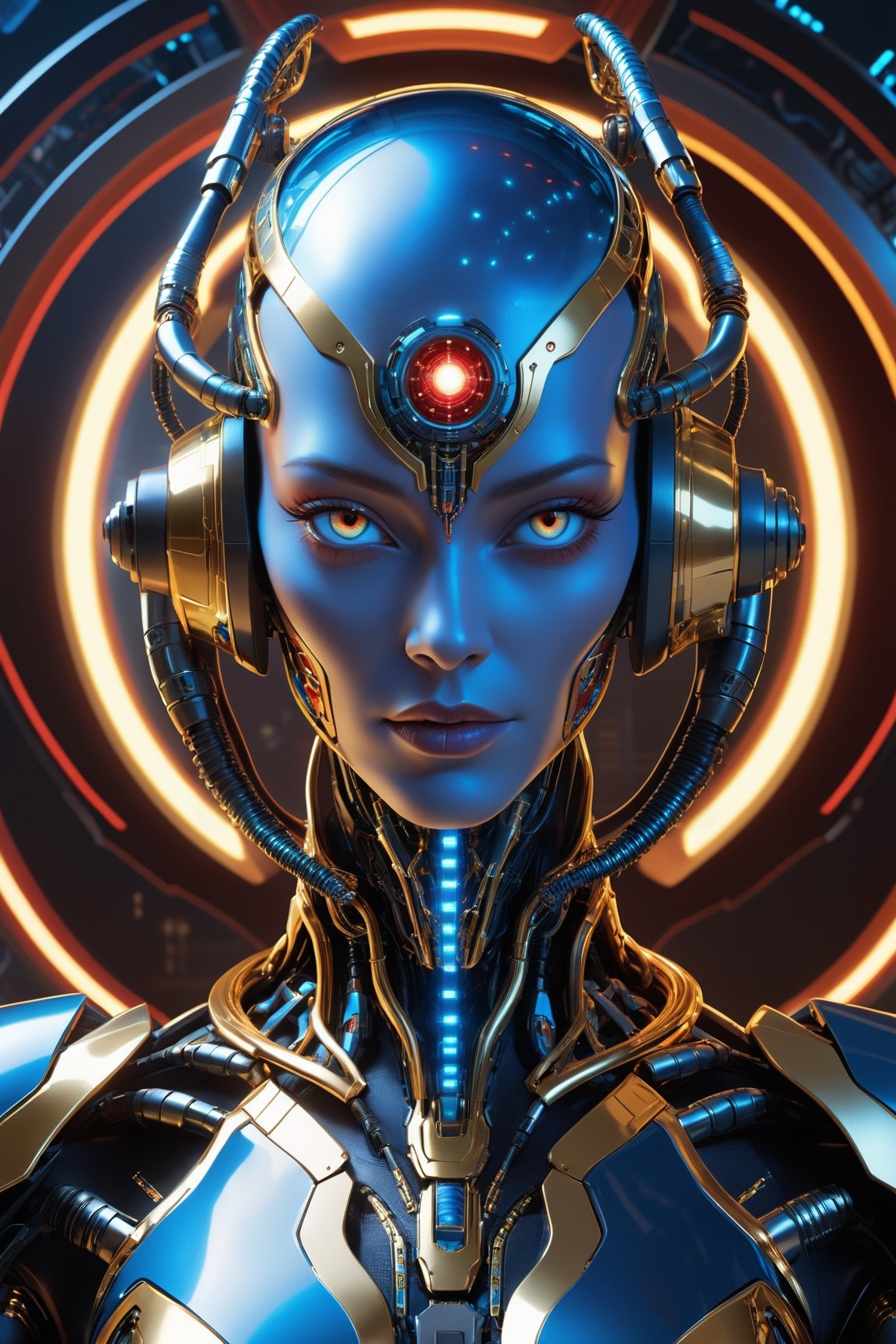 alien humanoid, artwork of a futuristic artificial intelligence superstar with frames made of detailed circuits. marvel studios concept art. artstation HQ. creative character blue/glass gold design for cyberpunk, red fiery eyes, intricate, elegant, 8k, highly detailed, digital painting, concept art, smooth, sharp focus, league of legends concept art