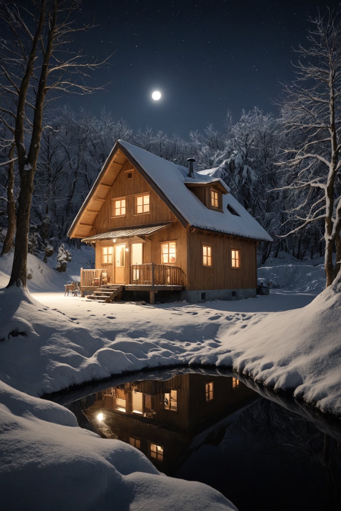 natural scenery, little house illuminated on a winter night, realistic environment with solar reflections and shadows, very high quality cinematographic scenography, breathtaking scene of a great masterpiece, crazy 8k graphics, everything wonderful and detailed photorealistic, kitakoumae