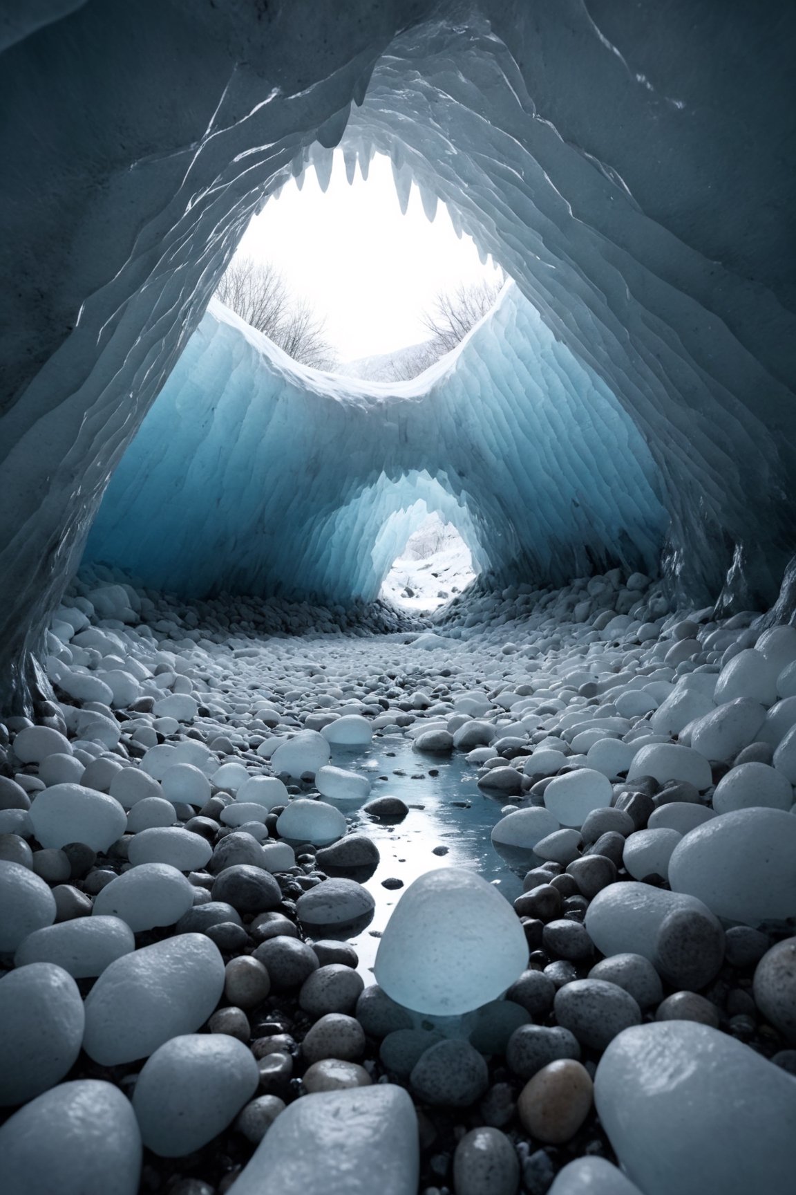 natural scenery, ice cave with colored pebbles, realistic winter environment with solar reflections and shadows, very high quality cinematographic scenography, breathtaking scene of a great masterpiece, crazy 8k graphics, everything wonderful and detailed photorealistic, kitakoumae