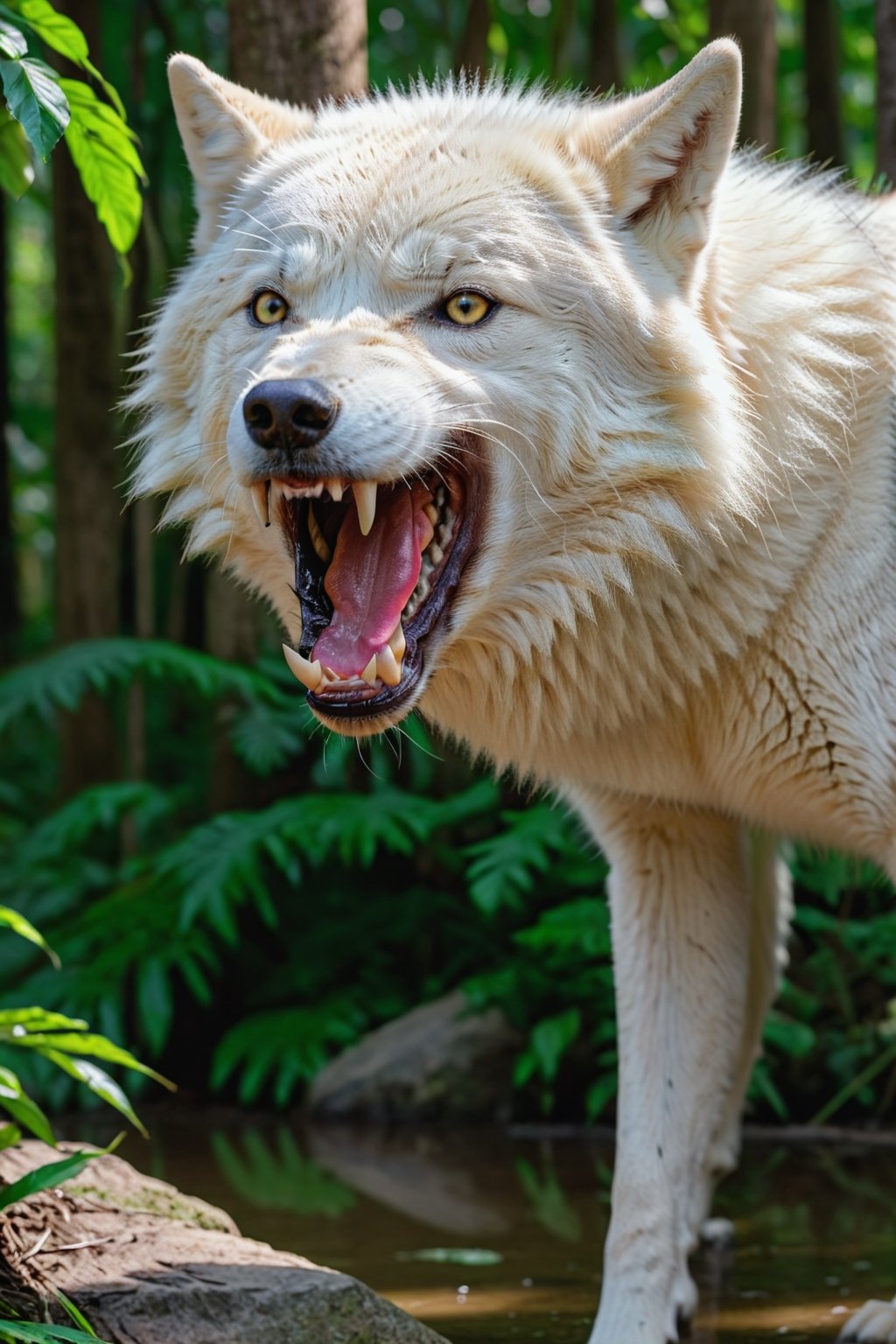 White wolf, realistic fangs, color, Amazon forest realistic environment, with reflections of light and shadow, very high quality cinematographic scenography, breathtaking scene, 8k, very detailed, Extremely realistic, Realistic and detailed fangs and canines