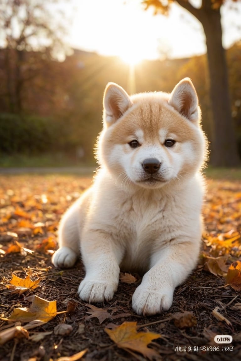 An Akita Inu puppy, one month old, lying down, funny pose, in autumn, realistic environment with lights and shadows, all very detailed and high quality, cover photographic masterpiece, cat, lying on the ground