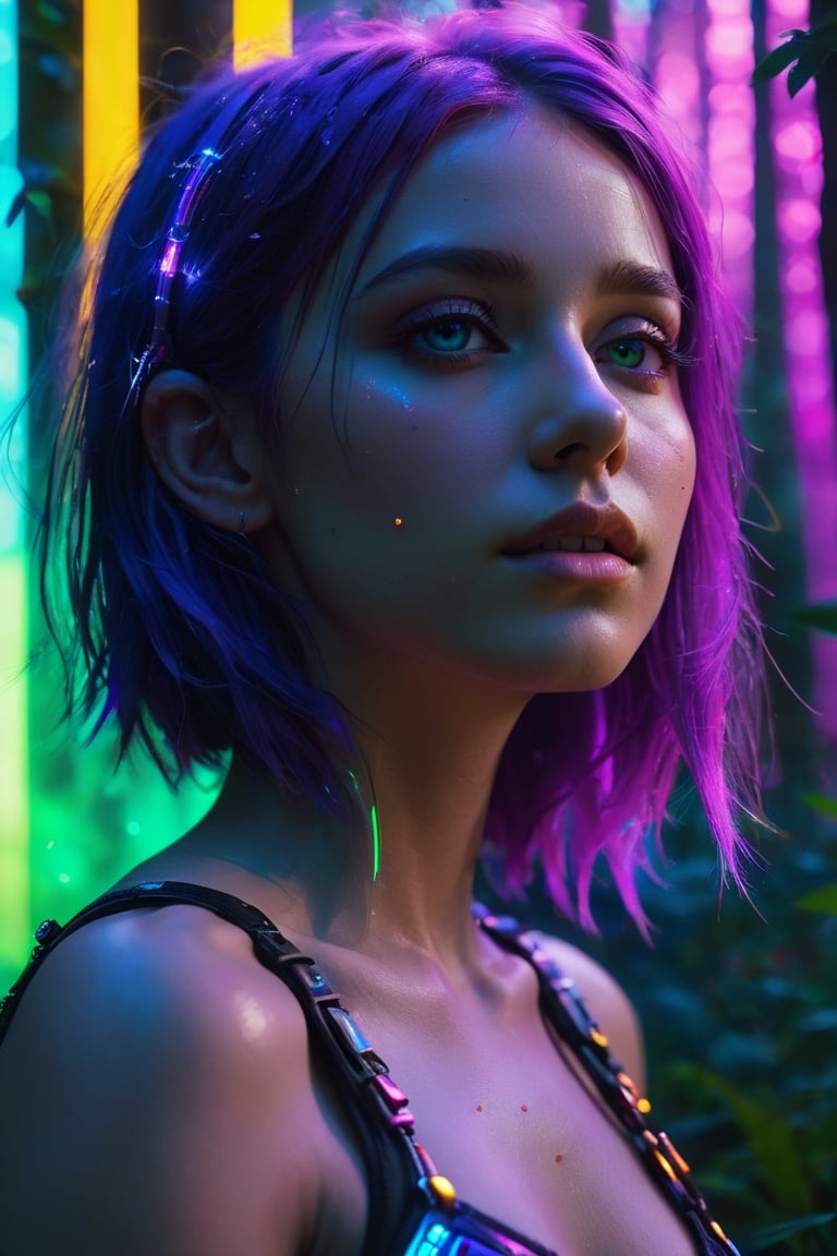 close up portrait, lucid dream-like woman, off-centered, looking off in distance  style | daydreampunk, beautiful, she is dripping in neon lights, colorful, bioluminescent, glowing  background | forest, vivid neon wonderland, particles, blue, green, purple parameters | golden ratio, hyper- maximalist, octane render, photorealism, cinematic realism, unreal engine, 8k, assymetric composition