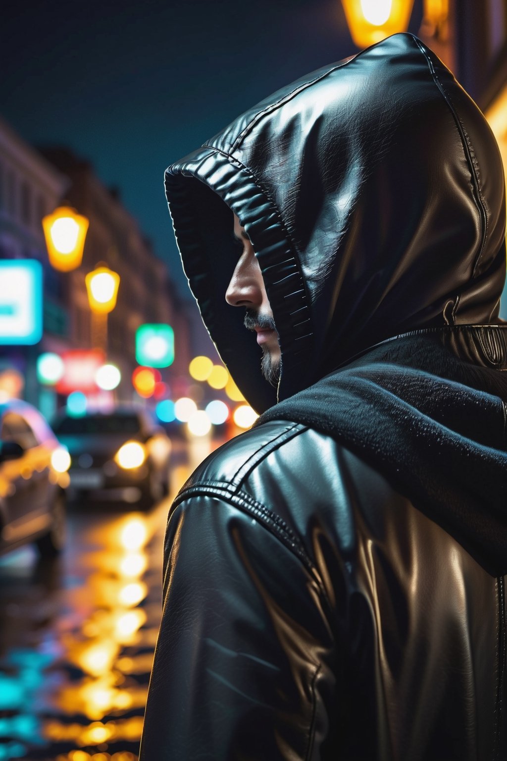 masterpiece, excellent quality, 8K, photo of a hooded man, shot from behind, dramatic thriller style night background, detailed photorealistic, highly detailed, blurry photo, intricate, super detailed, detailed, adjust highlights and shadows,