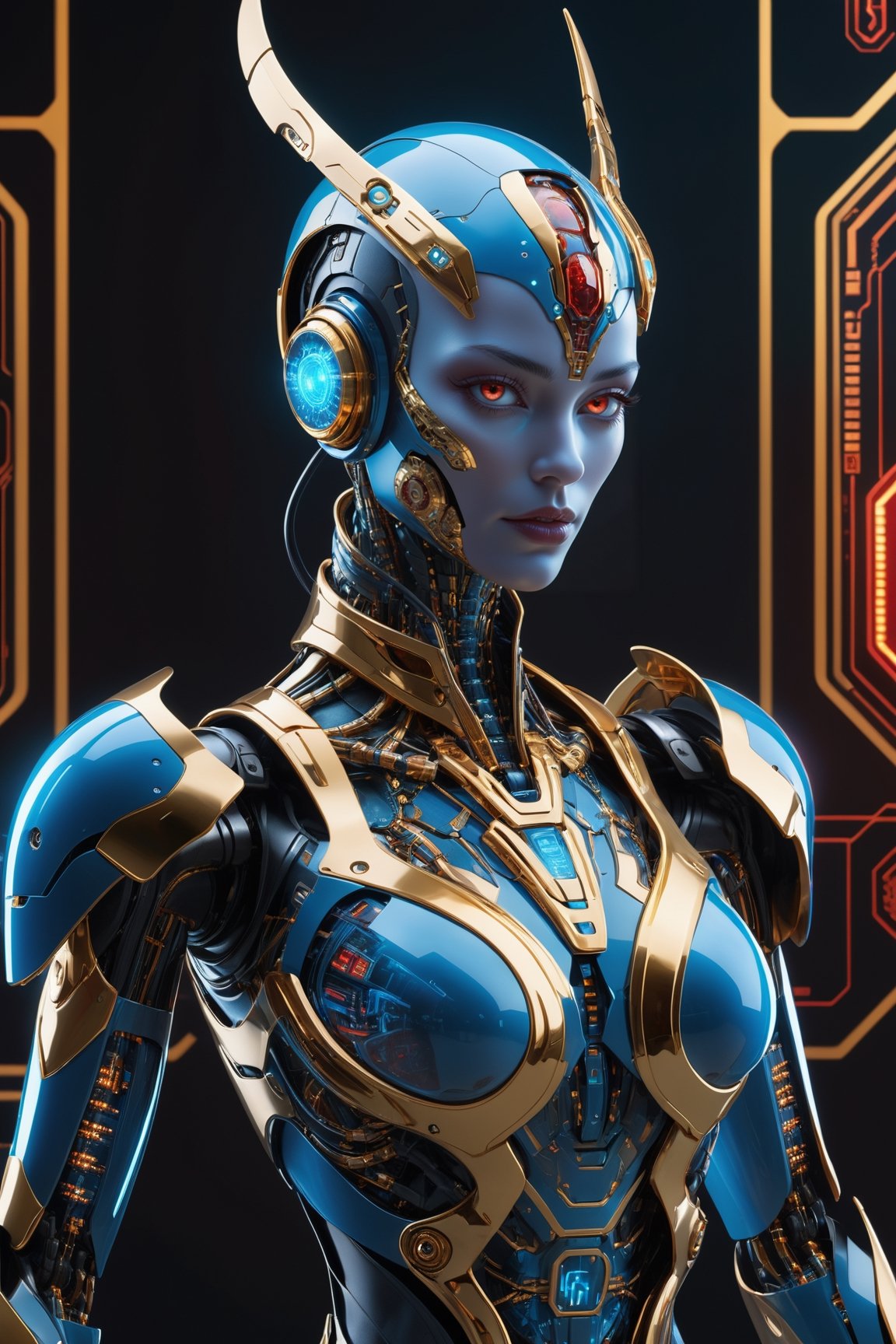 alien humanoid, artwork of a futuristic artificial intelligence superstar with frames made of detailed circuits. marvel studios concept art. artstation HQ. creative character blue/glass gold design for cyberpunk, red fiery eyes, intricate, elegant, 8k, highly detailed, digital painting, concept art, smooth, sharp focus, league of legends concept art