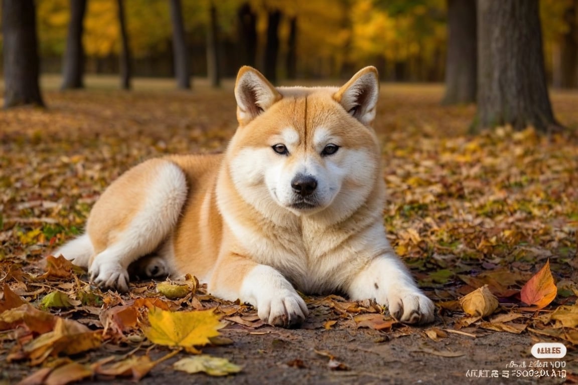 An Akita Inu, lying down, funny pose, in autumn, realistic environment with lights and shadows, all very detailed and high quality, cover photographic masterpiece, cat, lying on the ground