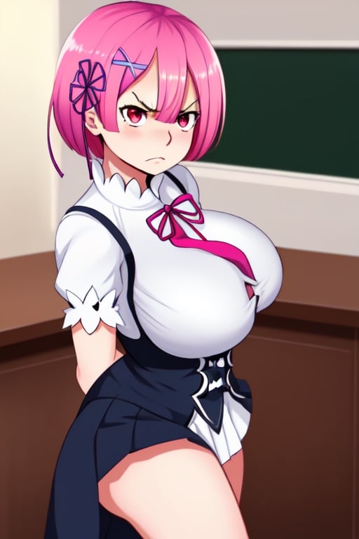  annoyed, angry, ram rezero, 4k, big breasts, schoolgirl outfit sexy, pink hair