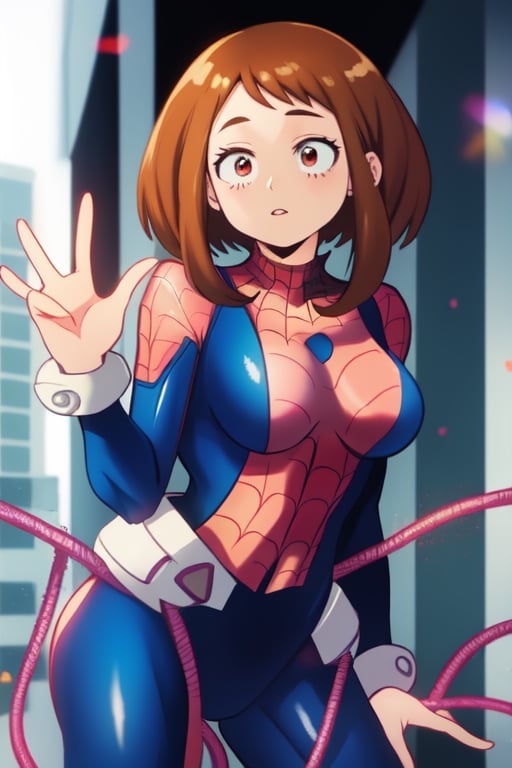 wearing a spiderman suit, uraraka 