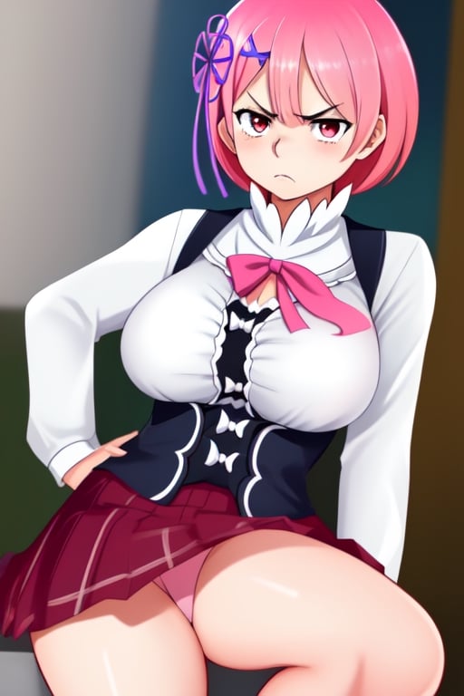  annoyed, angry, ram rezero, 4k, big breasts, schoolgirl outfit sexy, pink hair