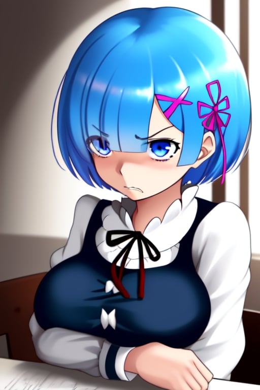 , annoyed, angry, rem rezero, 4k, big breasts, schoolgirl outfit, hot