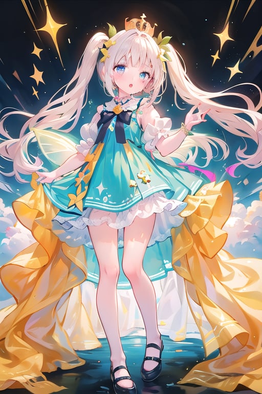 masterpiece, best quality, full body (loli with big fairy wings holographic colors) standing (happy),  frilled dress,golden long hair, twintails, bowtie, beautiful eyes, shamed, flower patterned dressed in a regal attire befitting a princess, she wears a combination of black and yellow garments adorned with intricate patterns. a crown adorns her head, symbolizing her royal lineage.

her eyes, a striking shade of orange, sparkle with curiosity and rosy cheeks add a touch of innocence to her visage, highlighting her youthful charm.
((white background)) (not background)