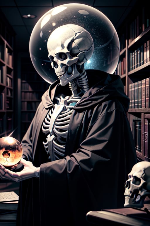 full detailed face, An old skeleton man, in the style of the Mexican Day of the Dead, with iridescent mustache and hair, a skull and skeleton hands, a black robe, is in an old castle, surrounded by books and a spherical iridescent crystal orb to read the future.