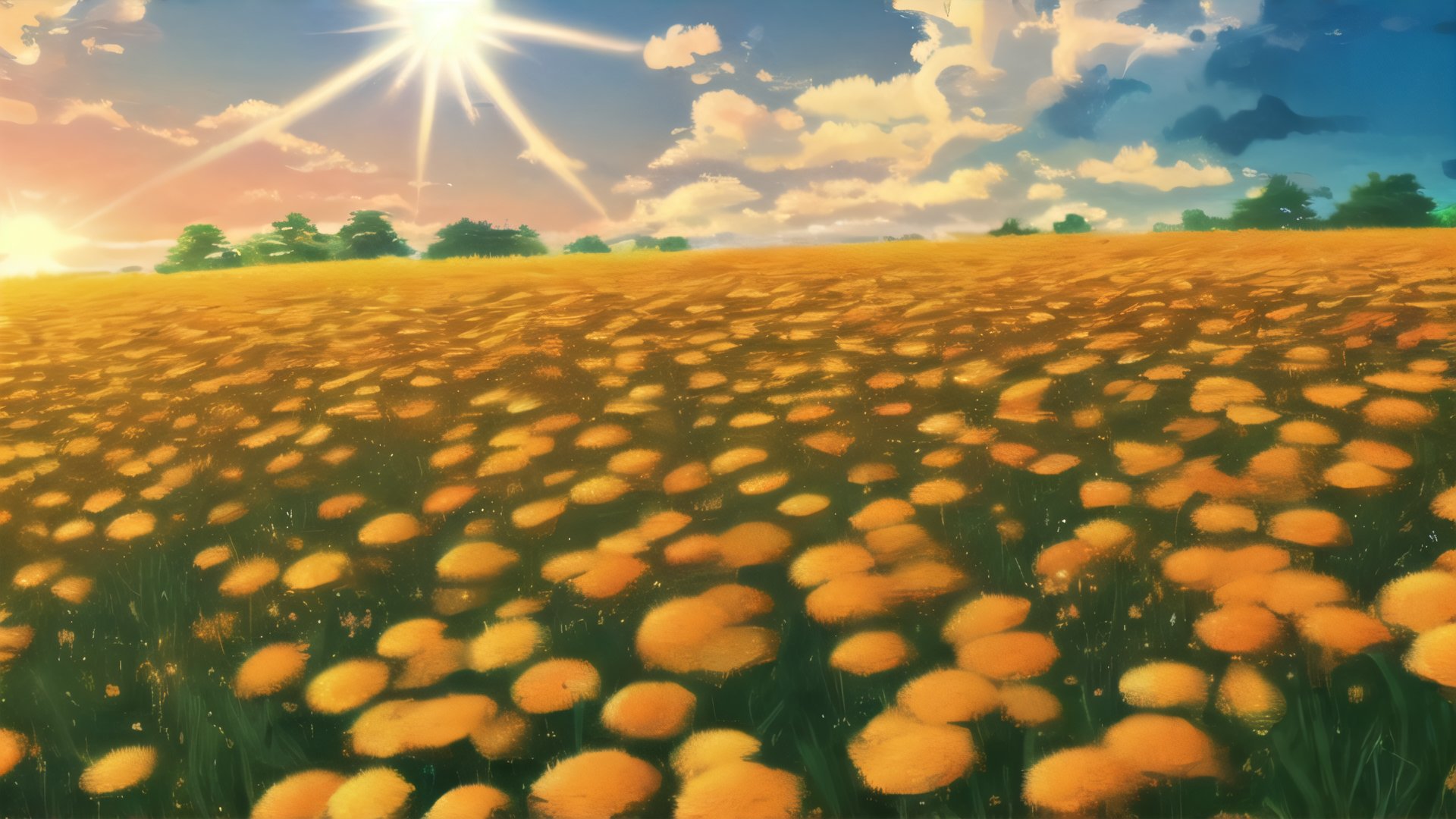 field of orange, yellow, white and red marigold flowers bathed by rays of the dawn sun, bees flying around (high definition, japanese anime style)