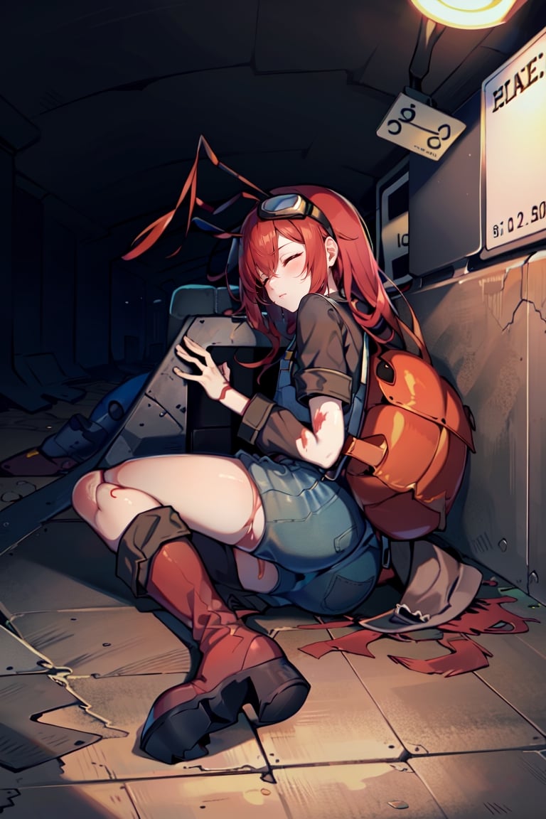 (masterpiece), best quality, expressive eyes, perfect face, 1litle girl ant_girl sleeping, solo, (portrait), (sleep full body), (on a lot of blood stain)loli female, red hair, goggles black on head like bandhead(two Red ant antennae on head), long hair, two ahoge, hair between eyes, closed eyes,Denim overall worker factory, red boots worker factory, big leather back pack ((red ant cosplay)) subway dark tunnel railroad tracks (sleeping on the floor) sleep very tired injury with blood and scars, innocent, preteen 
(Lying on the floor)