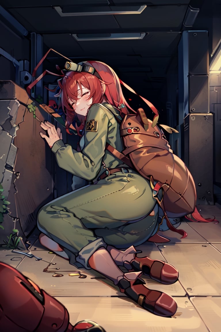 (masterpiece), best quality, expressive eyes, perfect face, 1litle girl ant_girl sleeping, solo, (portrait), (sleep full body), (on a lot of blood stain)loli female, red hair, goggles black on head like bandhead(two Red ant antennae on head), long hair, two ahoge, hair between eyes, closed eyes,Denim overall worker factory, red boots worker factory, big leather back pack ((red ant cosplay)) subway dark tunnel (sleeping on the floor) sleep very tired injury with blood and scars, innocent, preteen 
