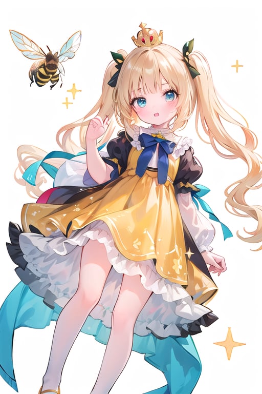 masterpiece, best quality, full body (loli bee), with (bee wings holographic colors) standing (happy),  frilled dress,golden long hair, twintails, bowtie, beautiful eyes, shamed, flower patterned dressed in a regal attire befitting a princess, she wears a combination of black and yellow garments adorned with intricate patterns. a crown adorns her head, symbolizing her royal lineage.

her eyes, a striking shade of orange, sparkle with curiosity and rosy cheeks add a touch of innocence to her visage, highlighting her youthful charm.
((white background)) (not background)