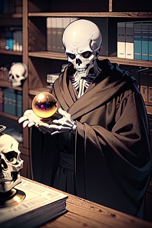 full detailed face, An old skeleton man, in the style of the Mexican Day of the Dead, with iridescent mustache and hair, a skull and skeleton hands, a black robe, is in an old castle, surrounded by books and a spherical iridescent crystal orb to read the future.